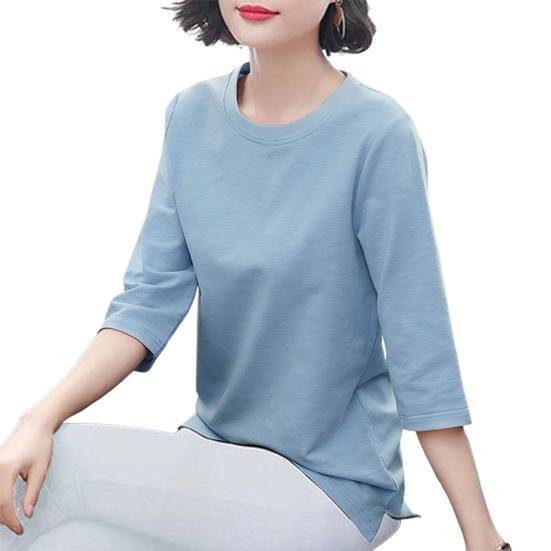 Women Tops O-Neck 3/4 Sleeve Solid Color Elastic Pullover Tops Regular Fit Summer T-shirt Daily Wear