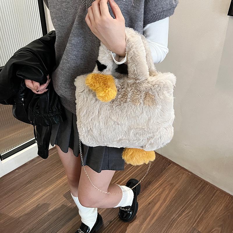 Cute Cartoon Big White Goose Bag Women's 2025 New Plush Handbag Chain Shoulder Bag Trendy Fluffy Tote Bag