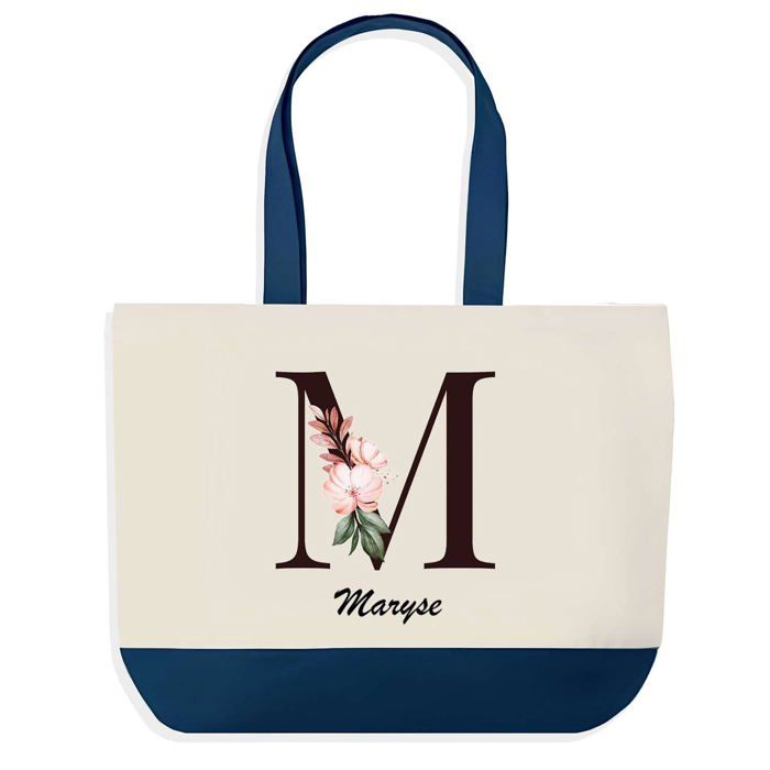 Tote bag - PLANETEE - Sac shopping fond bleu Maryse - Lettre Fleur - Coton 40 x 45 cm - Fabriqué en France