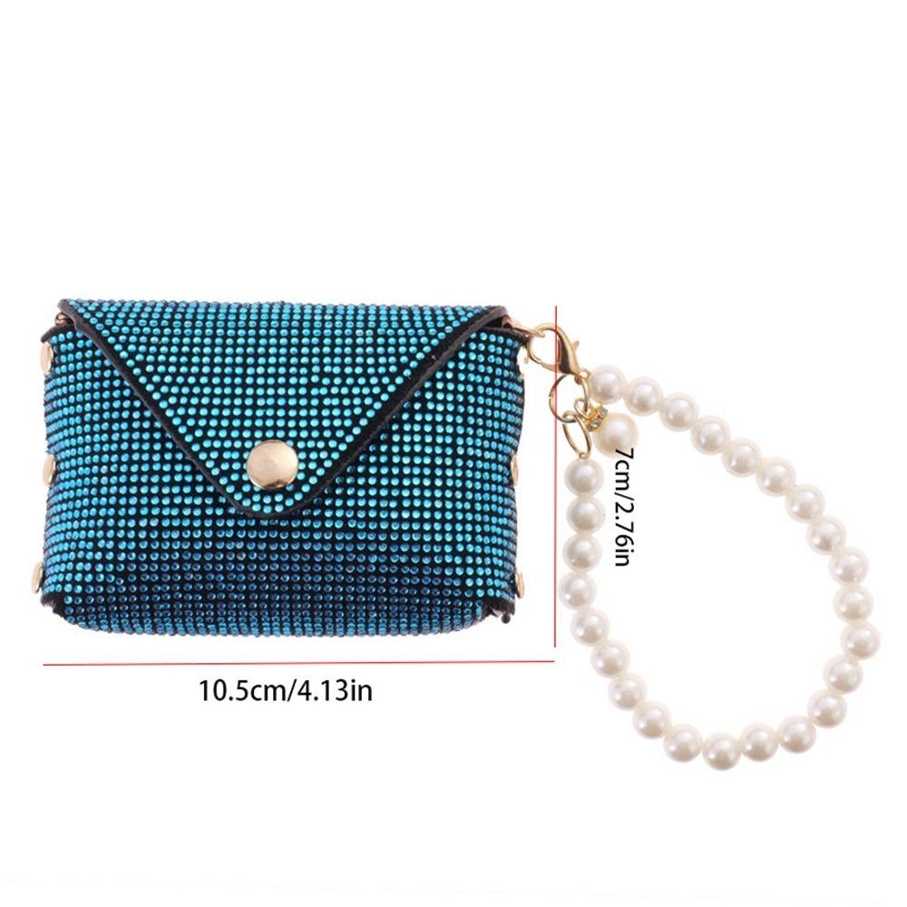 PU Leather Mini Storage Bag With Pearl Lanyard Headphone Bag Portable Rhinestone Coin Purse  Women