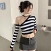 This Unique and Distinctive Striped Long-sleeved Off-the-shoulder Knitted Sweater Is A Pure and Stylish Tight Short Top for Autumn