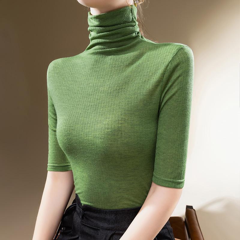 Футболка с высоким воротом, женская, ранняя осенняя, новая, тонкая, трикотажная, со средними рукавами, с талией и наборным воротником