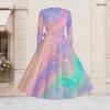 Women Plus Size V Neck Long Sleeve Printed Pastel Galaxy Tie Waist A Line Flared Dress