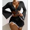 New Women's Split Four Piece Bikini Swimsuit Sexy Solid Lace Up Bikini Elegant Tassel Long Sleeve Fresh Beach Bikini