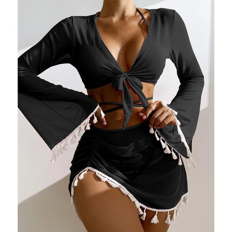 New Women's Split Four Piece Bikini Swimsuit Sexy Solid Lace Up Bikini Elegant Tassel Long Sleeve Fresh Beach Bikini