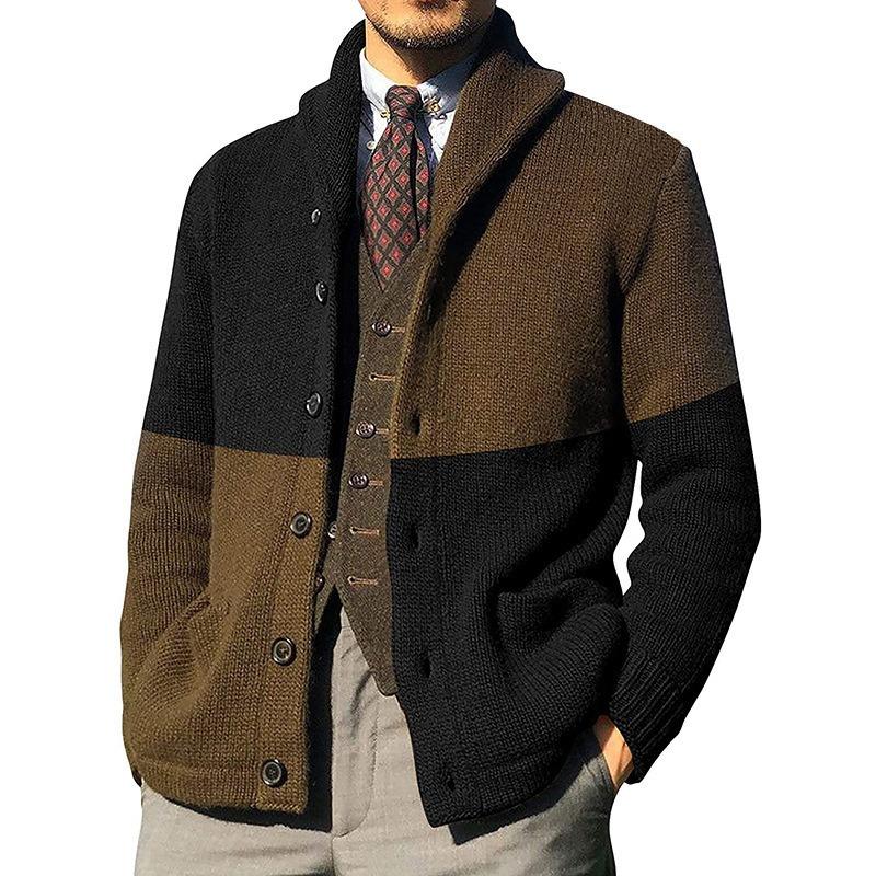 Men S Knit Cardigan Color Block Lapel Loose Fit Long Sleeve Sweater