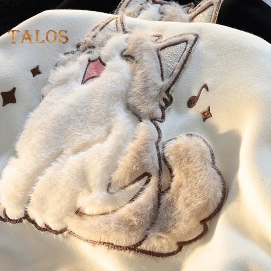 Осень-зима Женская толстовка с капюшоном на эластичных манжетах с завязками на резинке, плотная флисовая вышивка с изображением кота, большой размер, накладные карманы, свободный пуловер с длинными рукавами, теплый парный топ