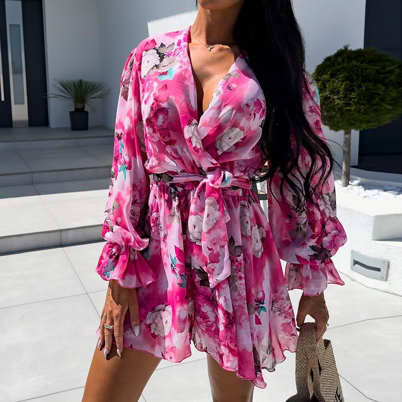 Новые модные винтажные комбинезоны с пышными рукавами и цветочным принтом, женские элегантные облегающие повседневные женские комбинезоны с V-образным вырезом и шнуровкой, летние боди для офисных леди 26160