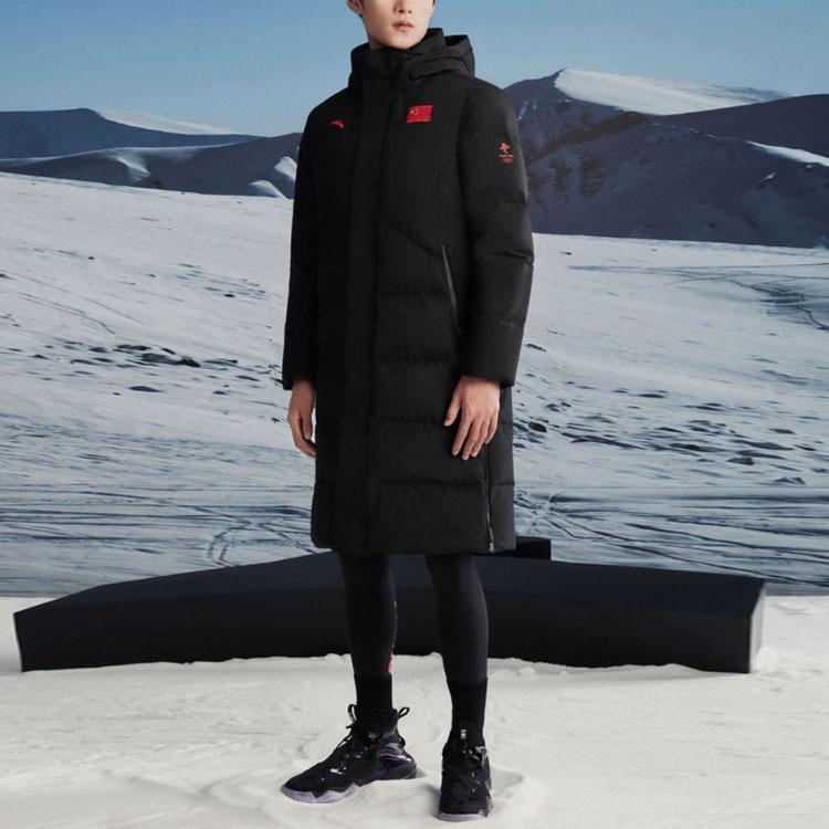 Anta Длинный пуховик Sports Life Series с буквенным принтом и логотипом на молнии с капюшоном, мужская верхняя одежда, черный 152140922-2