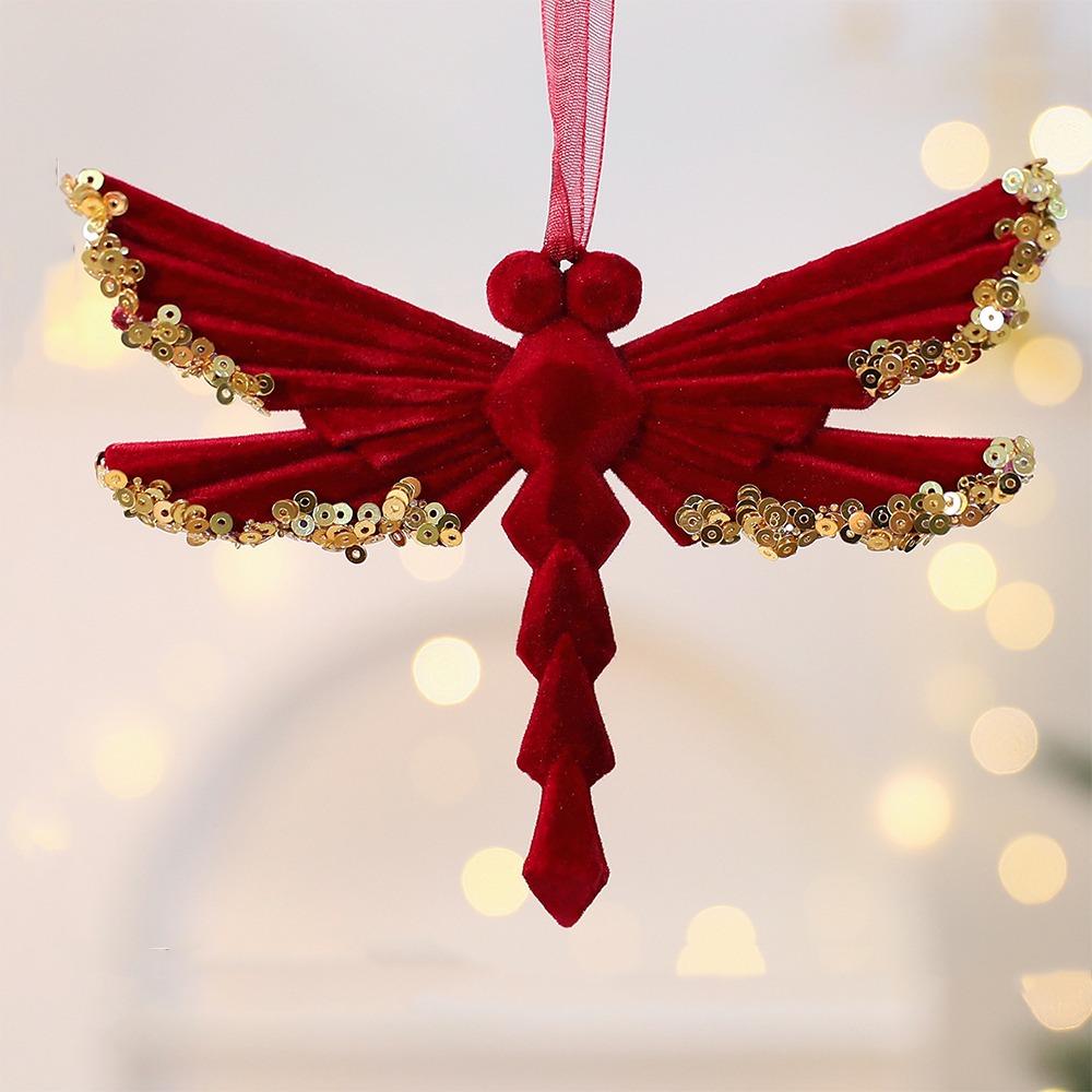 Wine Red Christmas Tree Pendant Glitter Bow Gold Sequin Snowflake Elk Hanging Ornaments Ice Bar Knot Girl Xmas Tree Pendant