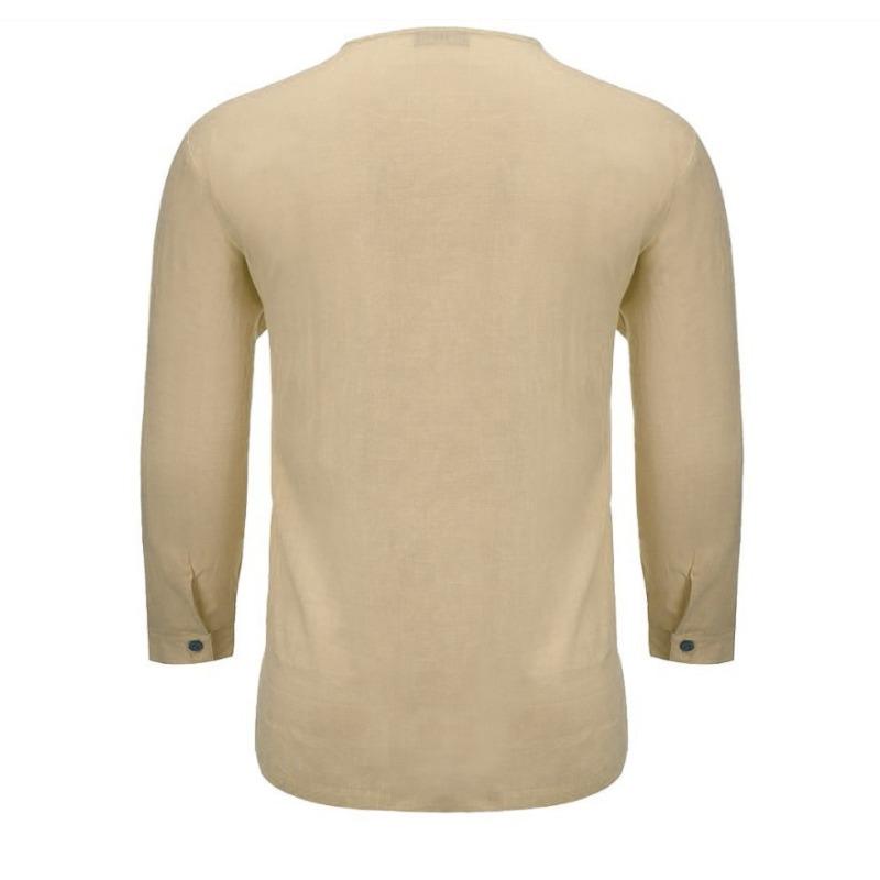 Мужская рубашка свободного кроя из хлопка и льна с длинными рукавами и V-образным вырезом