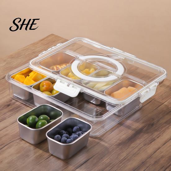 Leakproof Bento Box for Picnic Snackle Container, Stainless Steel Divided Serving Tray with Lid & Handle, 8 Compartment Large Snack Durable Food Road