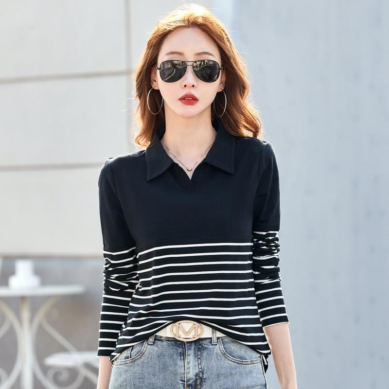 Футболка женская в полоску с узким низом и лацканами на весну и осень