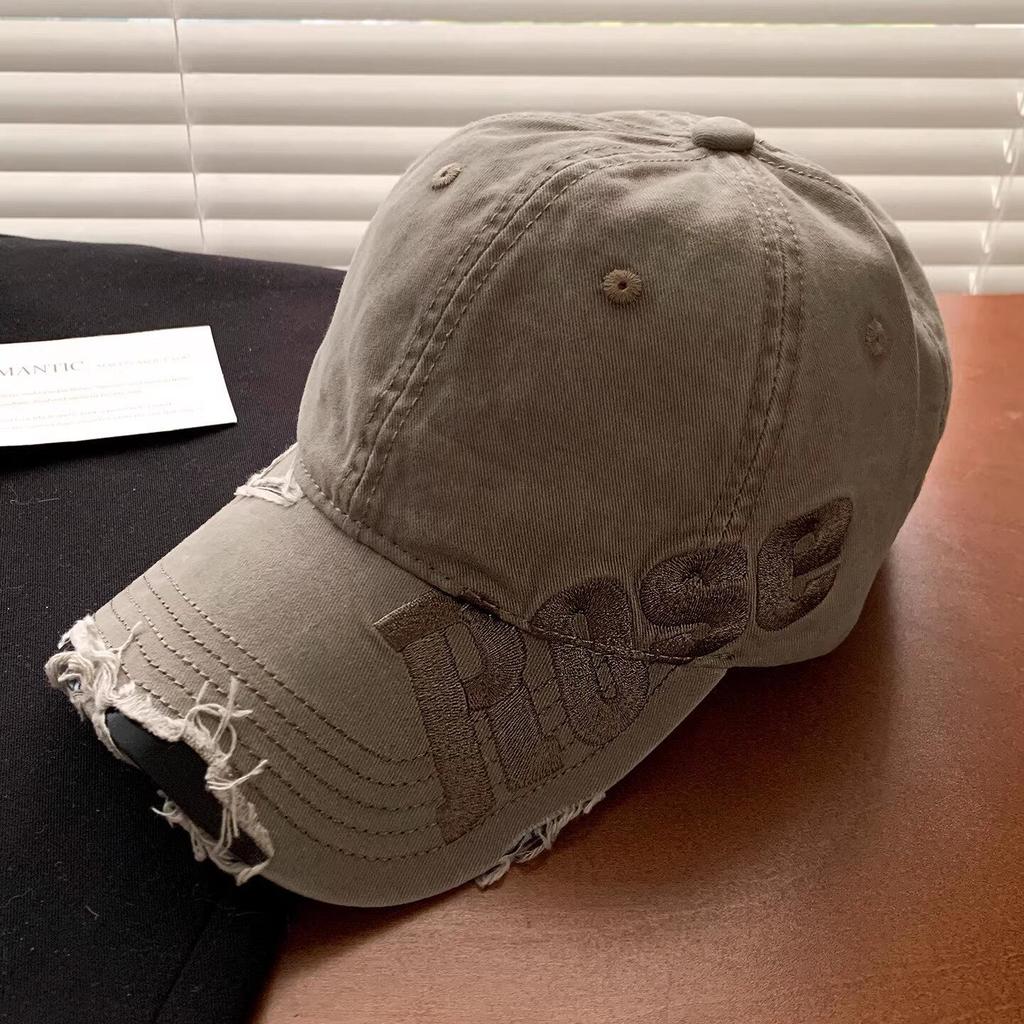 Letter embroidery black ripped baseball cap female American retro face small versatile cap big head circumference hat tide