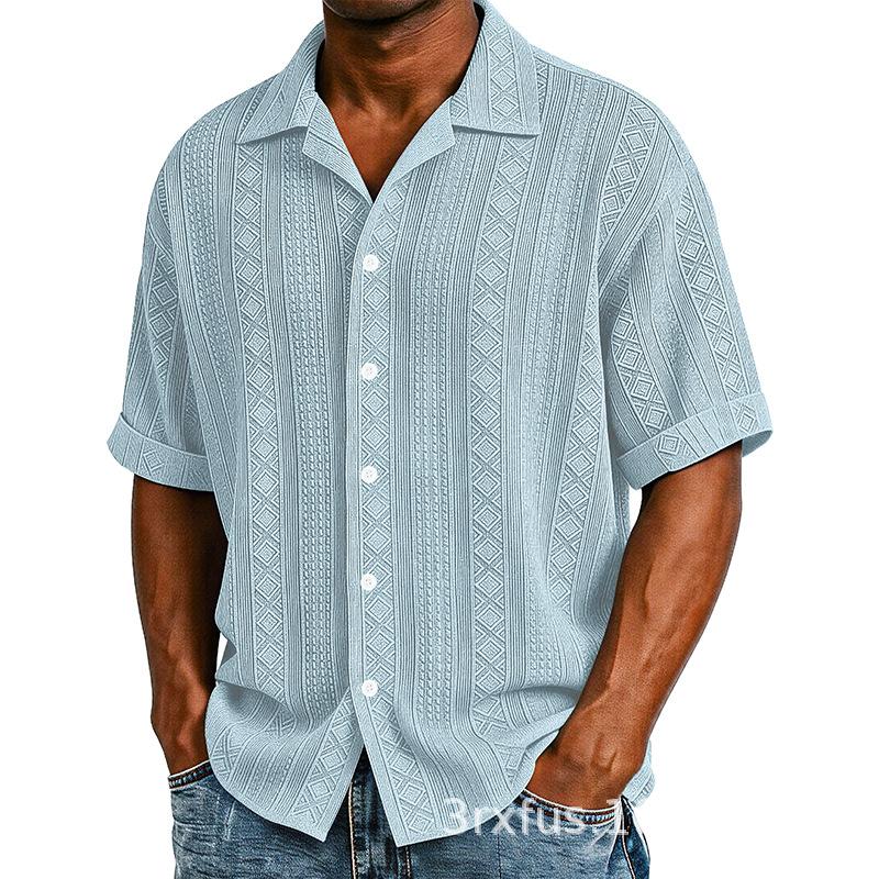 Men Cuban Collar Geometric Jacquard Full Button Short Sleeve Casual Shirt
