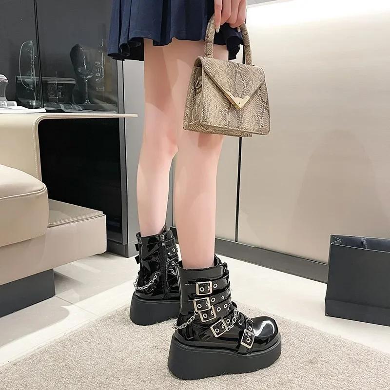 Модные черные готические мотоциклетные ботинки большого размера 40 с застежкой-молнией на высоком каблуке в стиле панк с заклепками на толстой платформе до середины голени женские ботинки женские