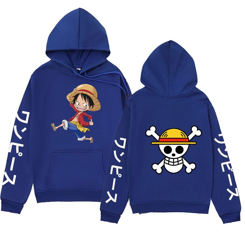 Mens One Piece Luffy Printed Hoodie Streetwear Anime Sweatshirt Winter Fleece Lined Oversized Pullover
