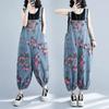 Large Size Denim Straps Pants for Women's Loose Casual Fashion Versatile Printed Artistic Lantern Jeans Jumpsuit
