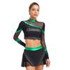 Womens Cheerleading Costume Set Long Sleeve Rhinestone Crop Top Matching Dance Skirt Performance Outfit