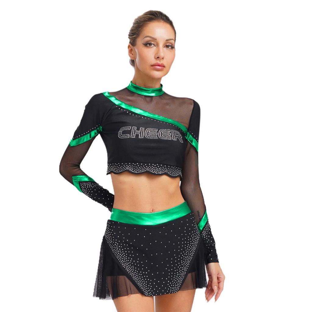 Womens Cheerleading Costume Set Long Sleeve Rhinestone Crop Top Matching Dance Skirt Performance Outfit