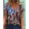 Women's V-Neck Short Sleeve Line Beauty Printed Tops Loose T-Shirt Casual Blouse