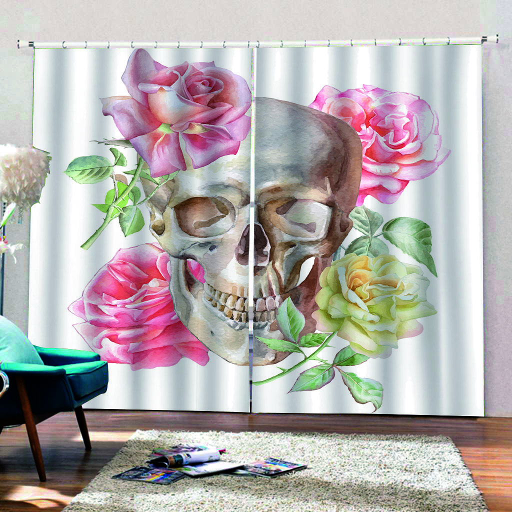 Personality 3D Printed Ebony Mystery Skull Rose Drapes 2 Panel Livingroom Space Bedchamber Balcony Study Decorative Drapes