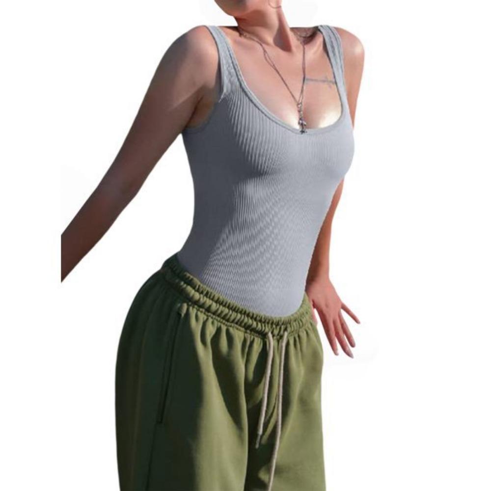 GMXIA Женские модные повседневные однотонные боди с принтом на лето и весну без рукавов с U-образным вырезом