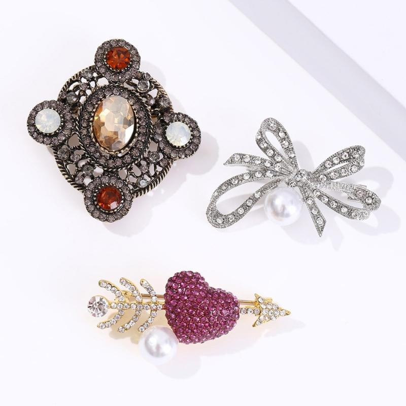 Блестящая брошь-булавка со стразами, бантом, сердцем, овальная, в ретро-дизайне, легкий значок для платьев, пальто и костюмов