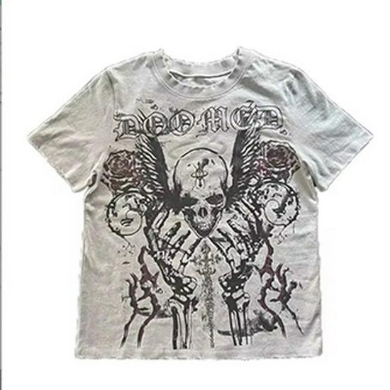 Ретро Футболка С Принтом Черепа Большого Размера Свободного Кроя - Темный Панк Y2K 90-е Уличная Одежда