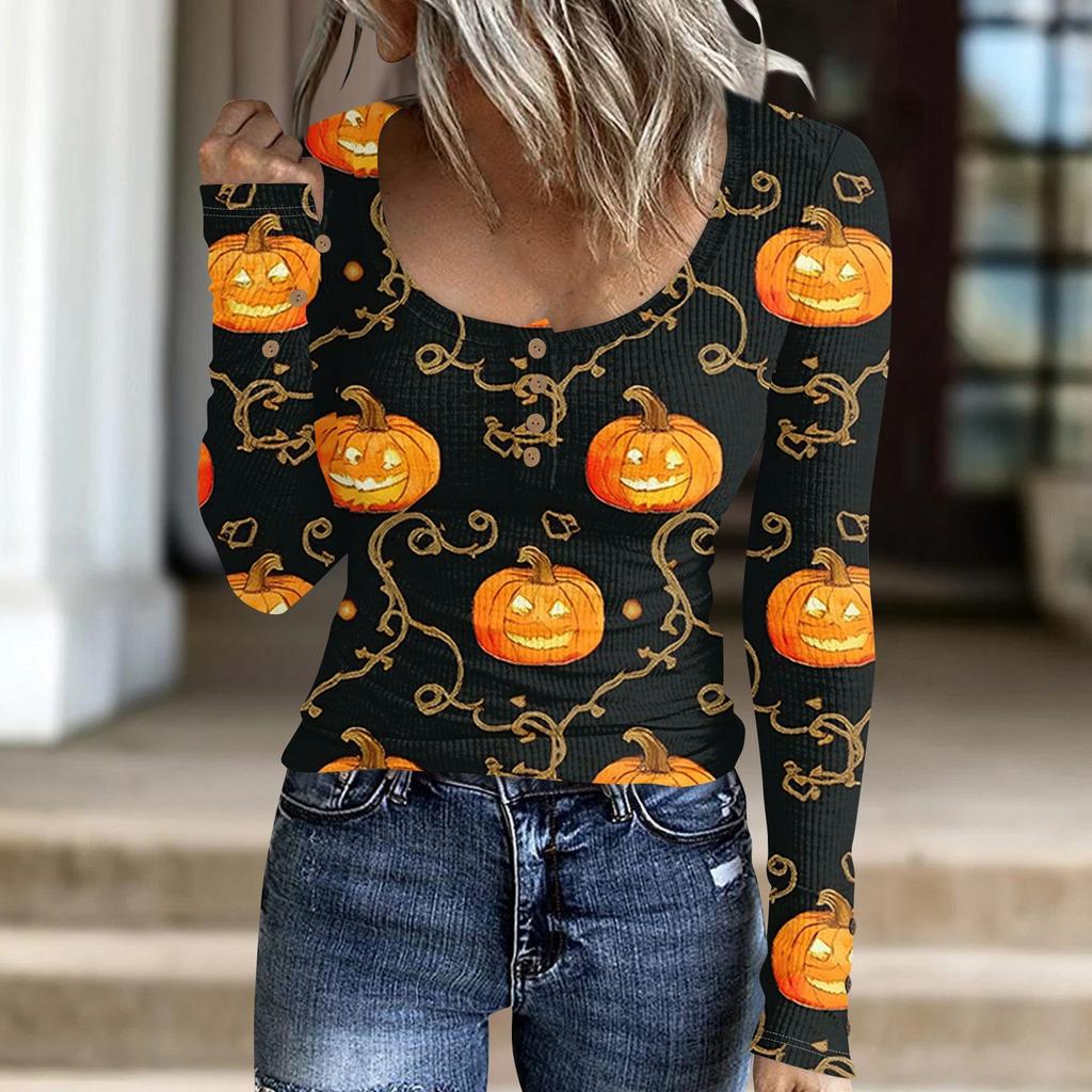 Женский модный повседневный свитер с длинными рукавами и принтом на пуговицах в стиле Хэллоуина
