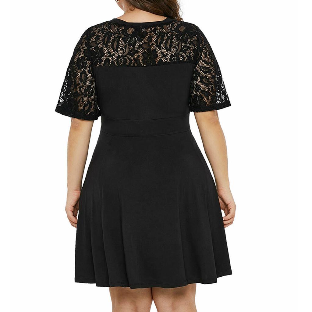 Fashion Women Plus Size Casual Solid V-Neck Short Sleeve Lace A-Line Swing Dress