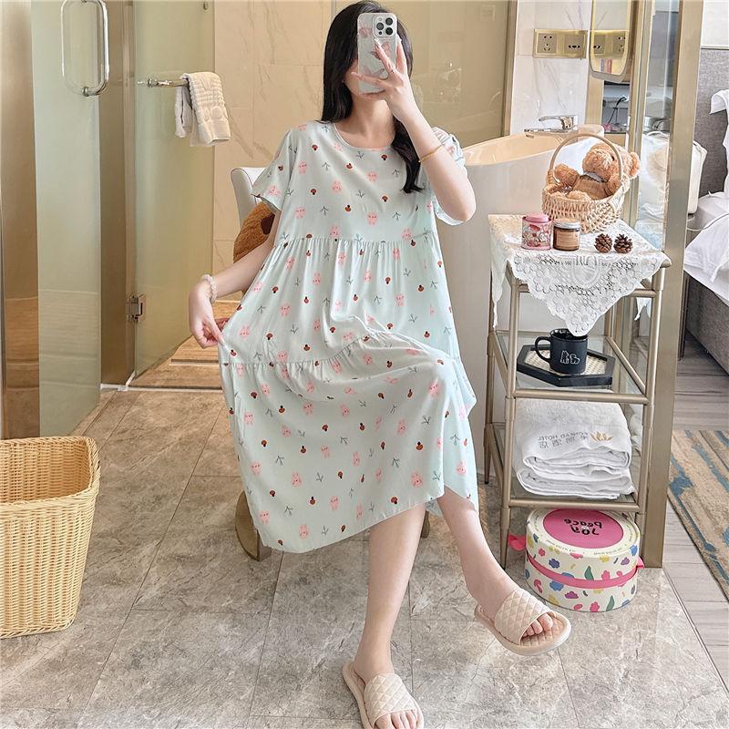 Cotton and silk nightgown women's spring and autumn casual short-sleeved large-size printed pajamas summer thin high-end cotton loungewear