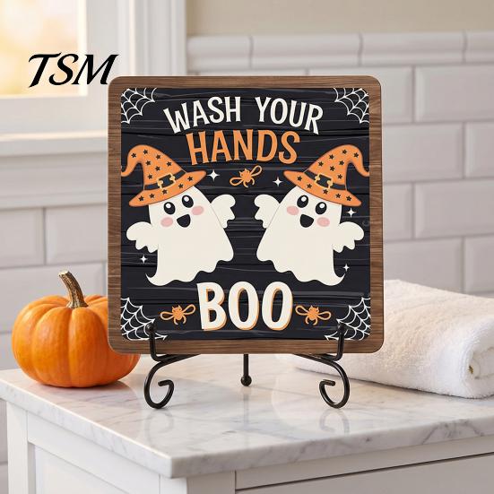 Retro Wood Grain Sign Halloween Wooden Table Sign, Cute Ghost Boo Plaque with Indoor Bathroom Ornament Metal Stand for Desk Shelf Home Decor