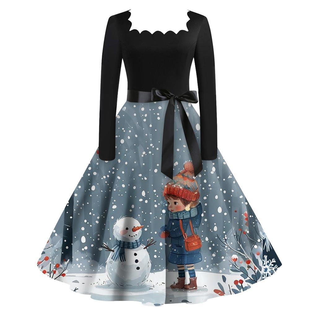 Women's Fashion Vintage Long Sleeve Square Neck Christmas Printed Evening Party Dresses Dresses