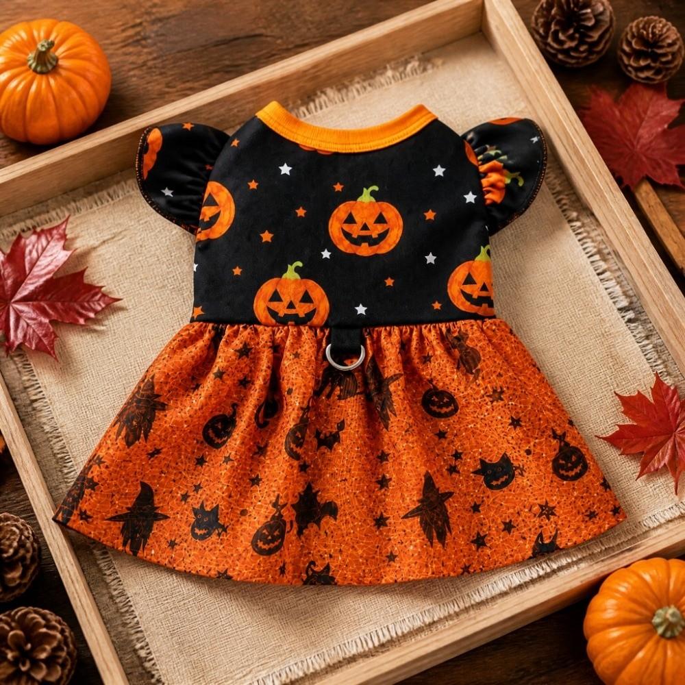 Breathable Halloween Pet Dress Color-blocking Dog Pumpkin Print Dress Pet Party Wear Medium Breeds