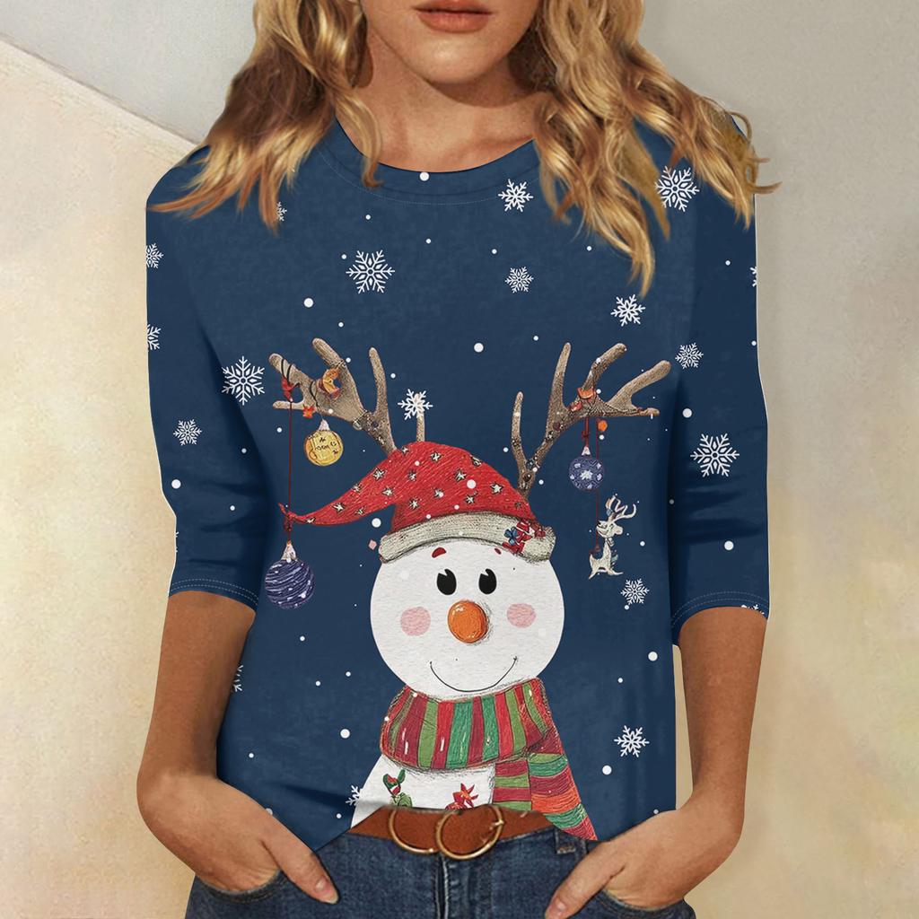 Рубашки с рукавом 3/4 для женщин с принтом, Рождественские футболки, Блузки, Повседневные, Большого размера, Базовые топы, Пуловер