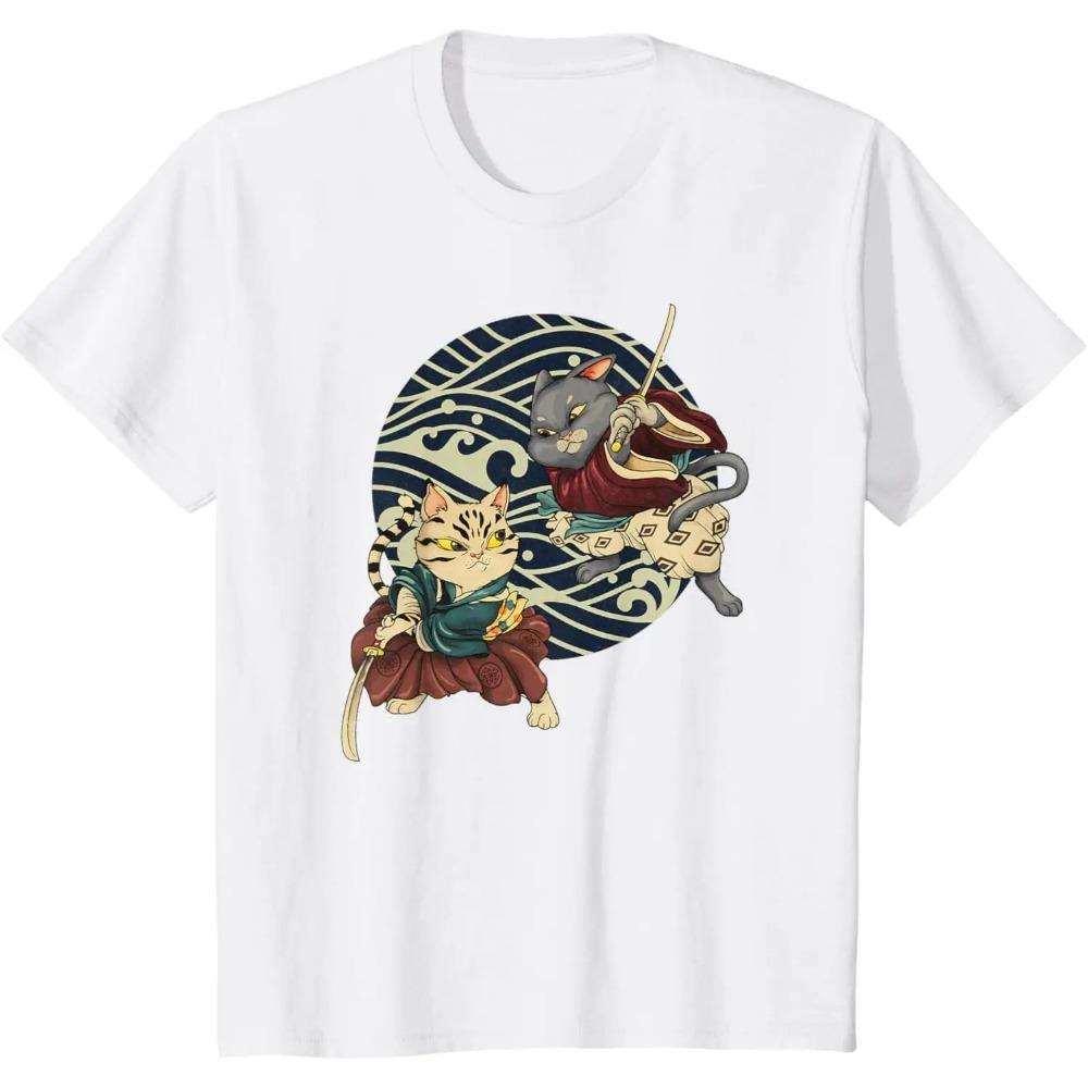 Футболка с японским рисунком Ninja Cat Kawaii Tattoo, летняя мужская, 100% хлопок, повседневная, свободного покроя, дышащая, большого размера