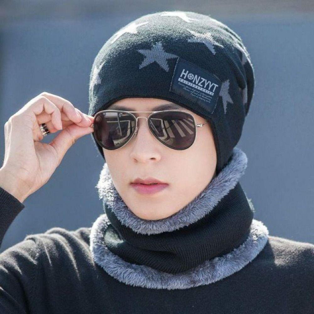 Plush Men's Beanie Cap Star Neck Scarf Hat Fashion Winter Hat Scarf Set Female/Male