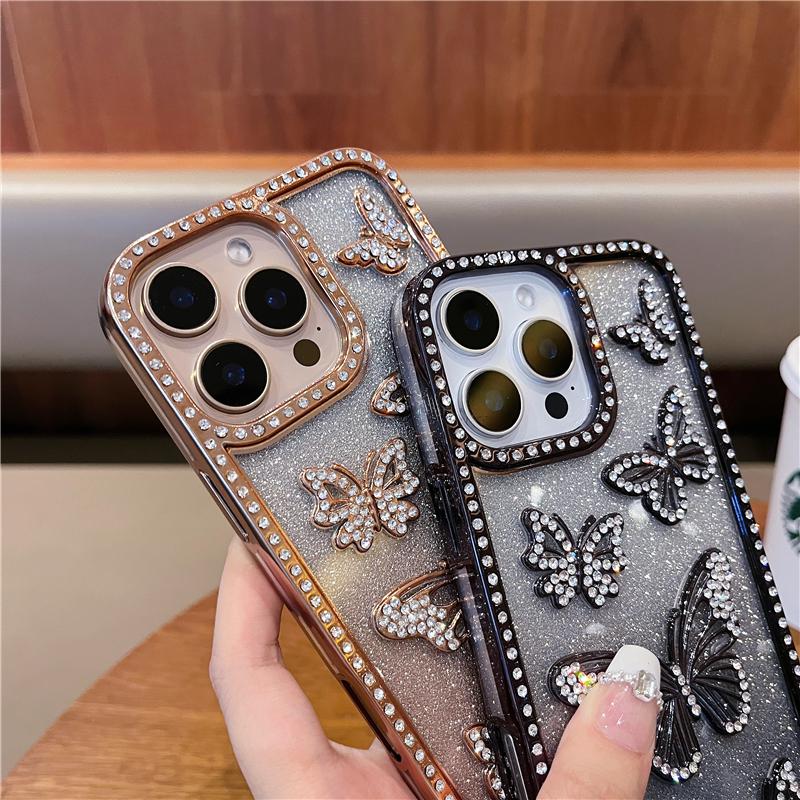 Роскошный чехол для телефона с блестками и бабочкой с гальваническим покрытием для iPhone 16 Pro Max для iPhone 11 12 13 14 15 16 Plus с покрытием из стразов