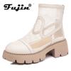 Fujin 6cm Fashion  Ankle Mid Calf ZIP Comfy New Air Mesh Boots for Women Shoes Breathable Genuine Leather Summer Platform Wedge