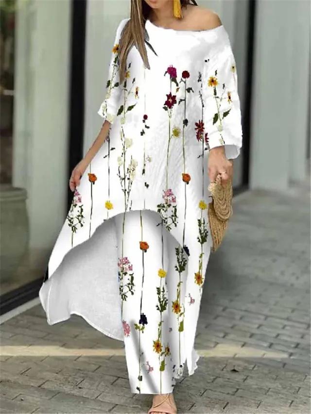 Женский комплект, модный повседневный свободный топ больших размеров с укороченными рукавами и принтом нестандартной формы + прямые брюки