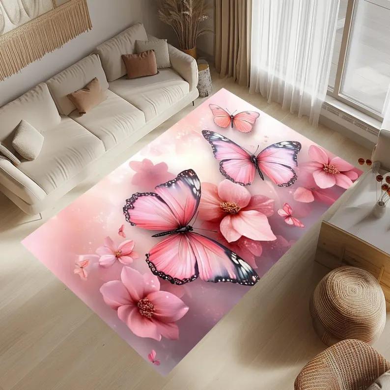 Butterfly Garden Area Rug Floral Nature Carpet Modern Home Decor Floral Butterfly Anti-Slip Carpet Colorful Indoor Square Rugs