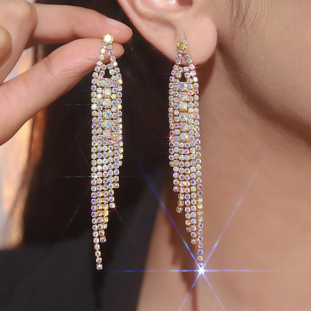 Senior Sense Of Luxury Super Flash Ab Rhinestone Long Tassel Earrings Female Fashion Temperament Earrings