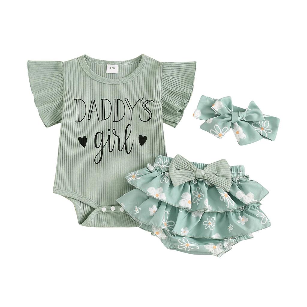 Наряды на День отца для маленьких девочек 3, 6, 9, 12, 18 месяцев, комбинезон с рукавами-крылышками и буквенным принтом, шорты с цветочным принтом и повязкой на голову, летний комплект из 3 предметов