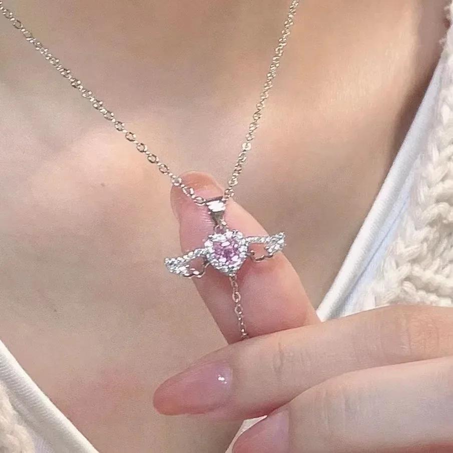 Trendy Cupid Angel Wings Heart Pendant Necklace for Women Pink Crystal Zircon Choker Stainless steel Jewelry