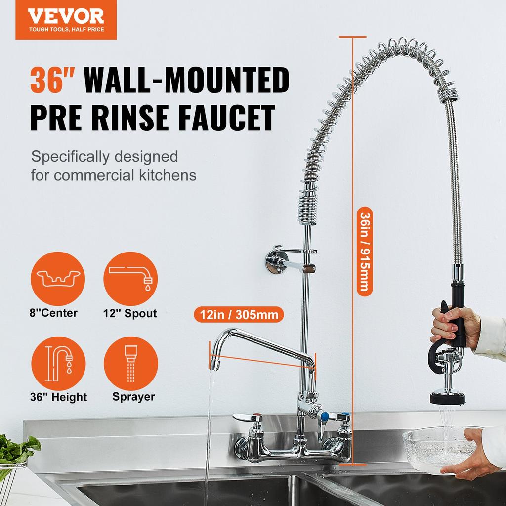 VEVOR Commercial Faucet with Pre-Rinse Sprayer, 36" (91.4 cm) Height, 8" (20.3 cm) Center, 12" (30.5 cm) Swing Spout