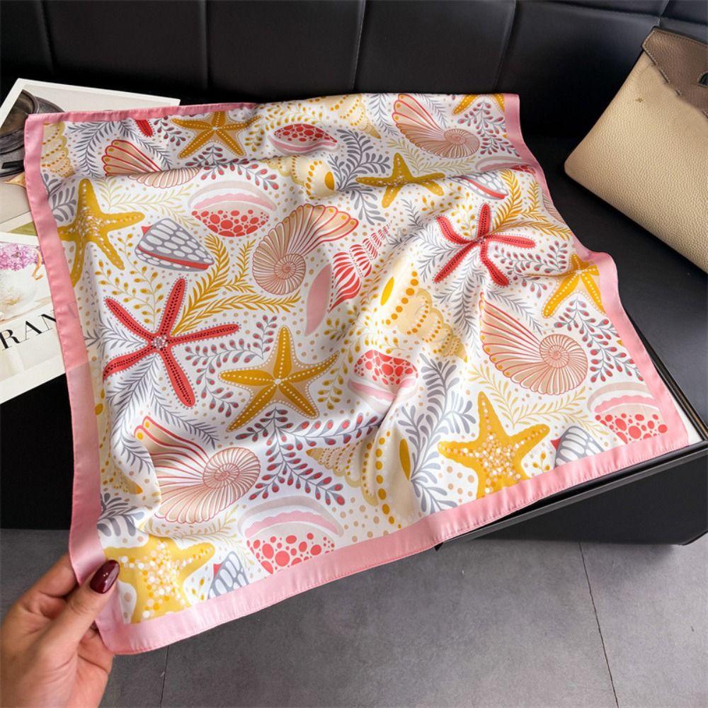 Conch Starfish Print Scarf Sea Star Shell Silk Scarf Retro Satin Hijab  Waist Scarf