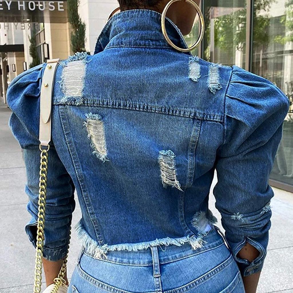 Fashion Women's Solid Button Wear Out Long Puff Sleeve Denim Jacket Coat