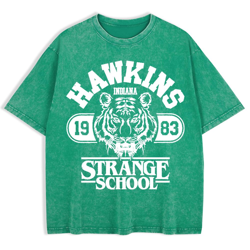 Hawkins Strange School Принты Стиранные Футболки Мужские Хлопковые Топы с Коротким Рукавом Летние Футболки Оверсайз с Круглым Вырезом Одежда