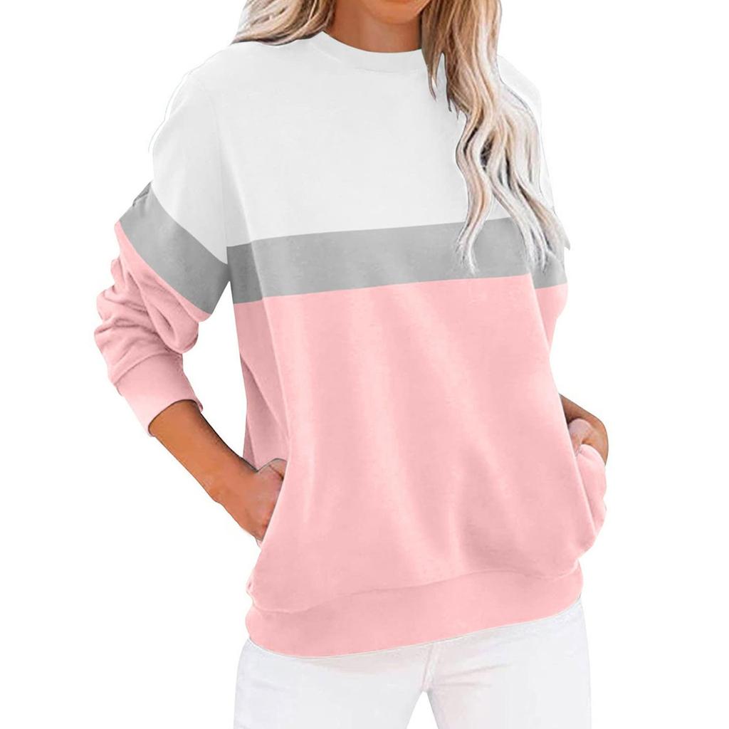 Women's Fashion Casual Long Sleeve Color Blocking With Pocket Pullover Sweatshirt Top